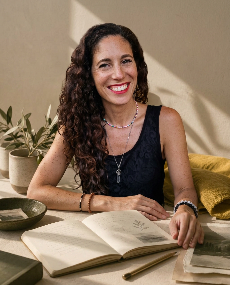 Cuaderno abierto con notas a lápiz, una rama de olivo y un paño mostaza sobre una mesa